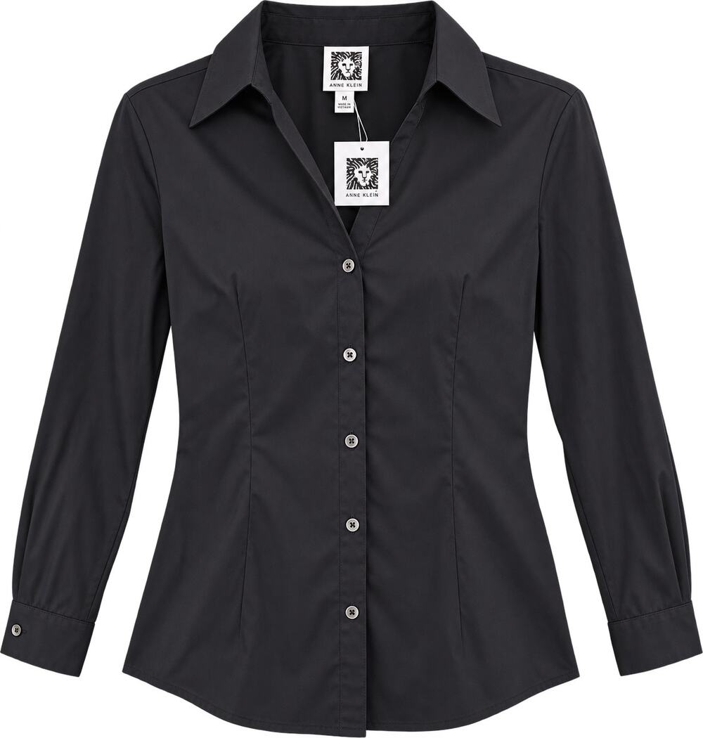 Anne Klein Cotton-Blend Poplin Button-Up Long Sleeve Blouse Black Size S NWT